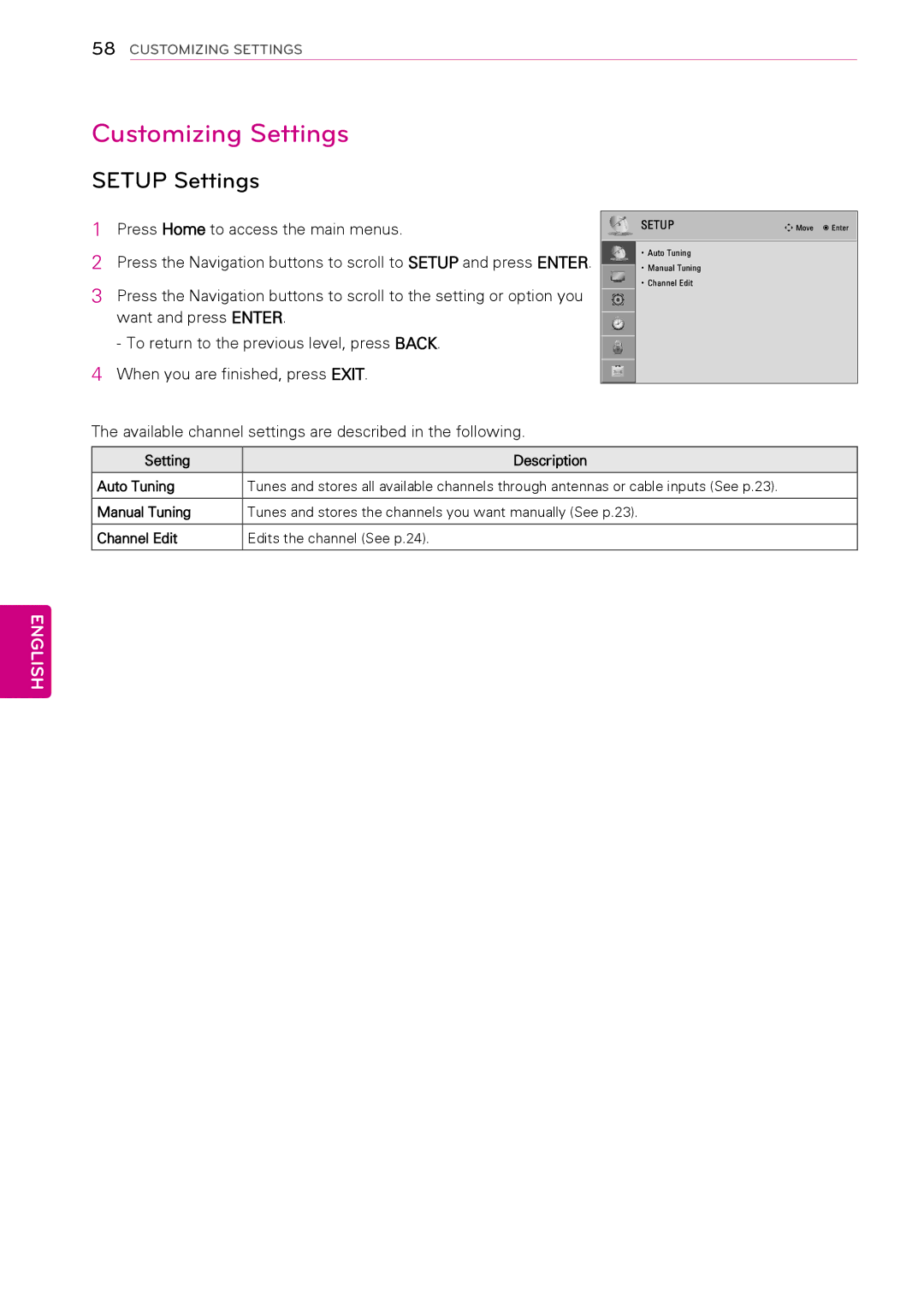 LG Electronics 50PT490E Customizing Settings, Setup Settings, Available channel settings are described in the following 