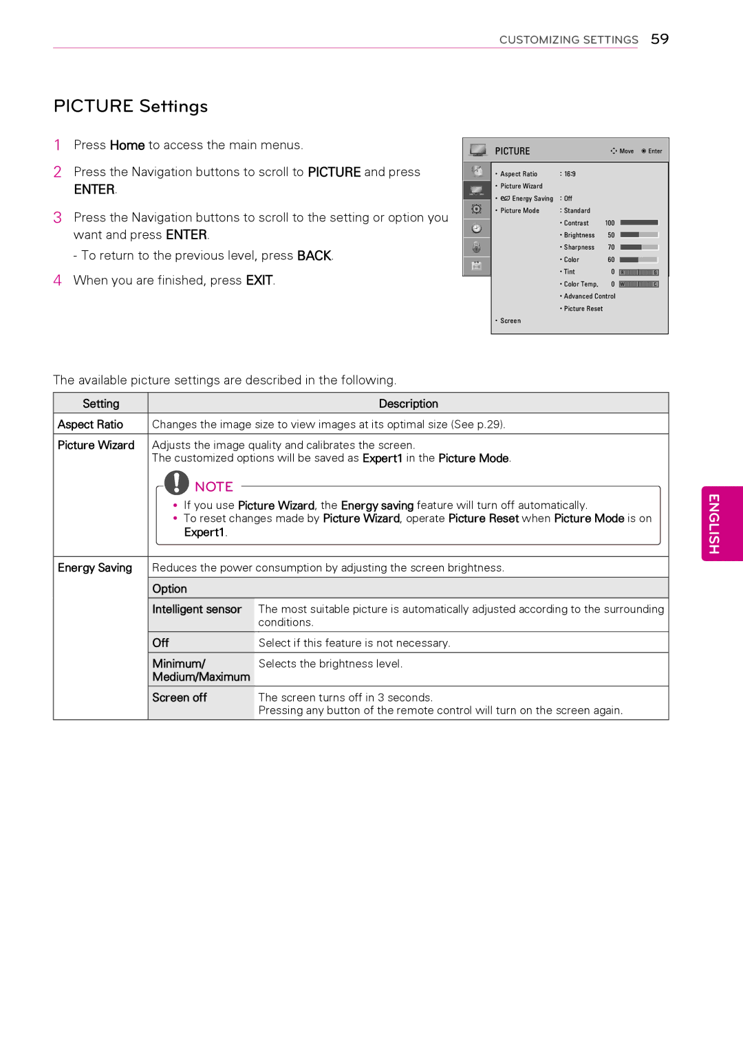 LG Electronics 50PT490E owner manual Picture Settings, Available picture settings are described in the following 