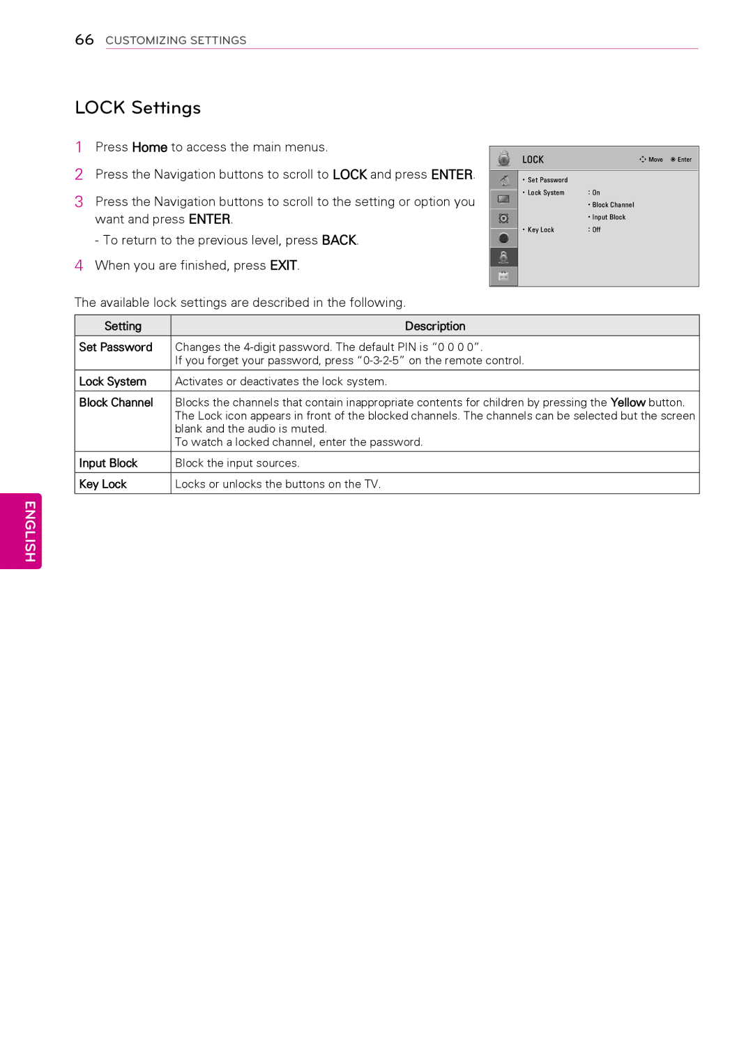 LG Electronics 50PT490E owner manual Lock Settings, Available lock settings are described in the following 