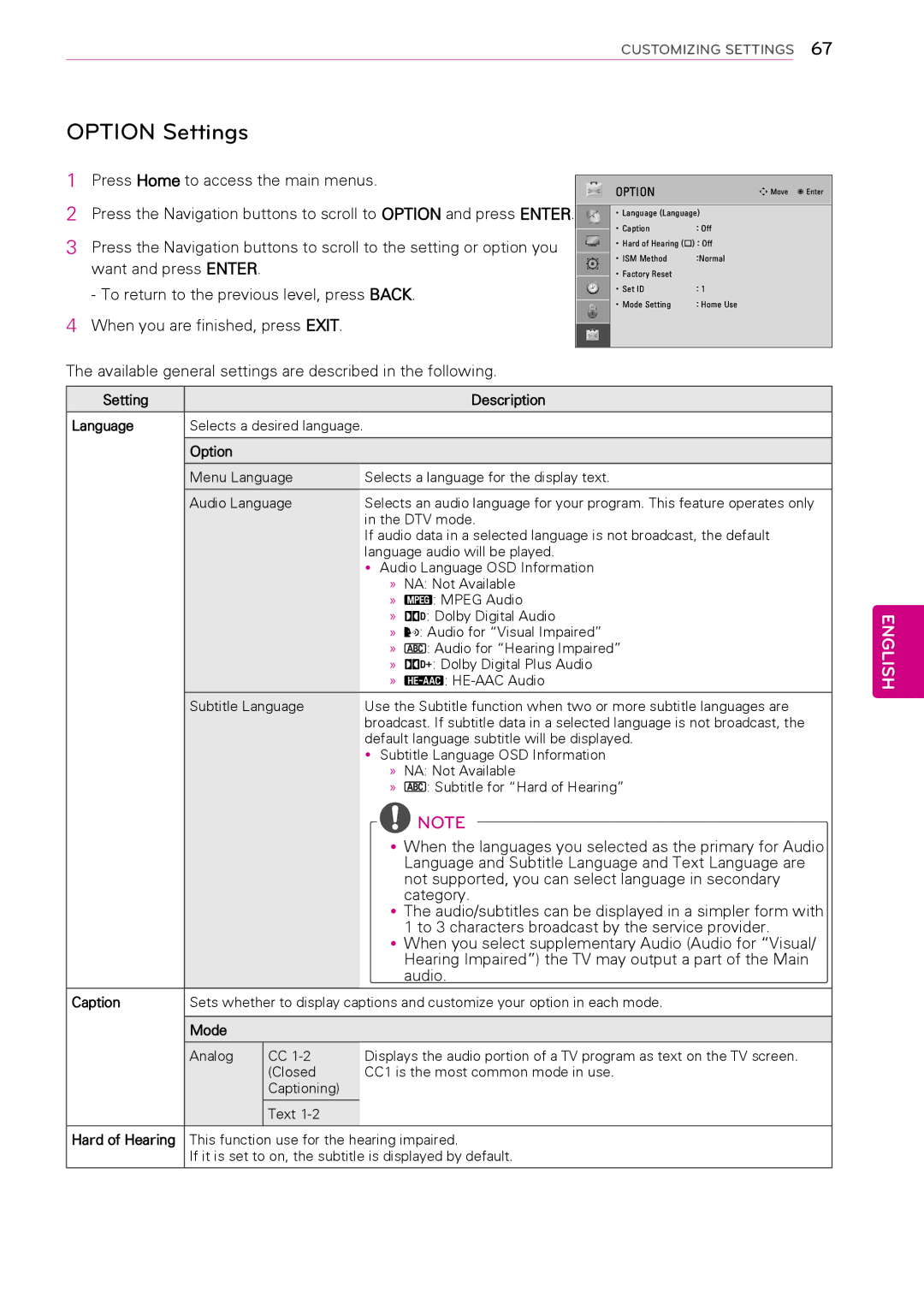 LG Electronics 50PT490E owner manual Option Settings 