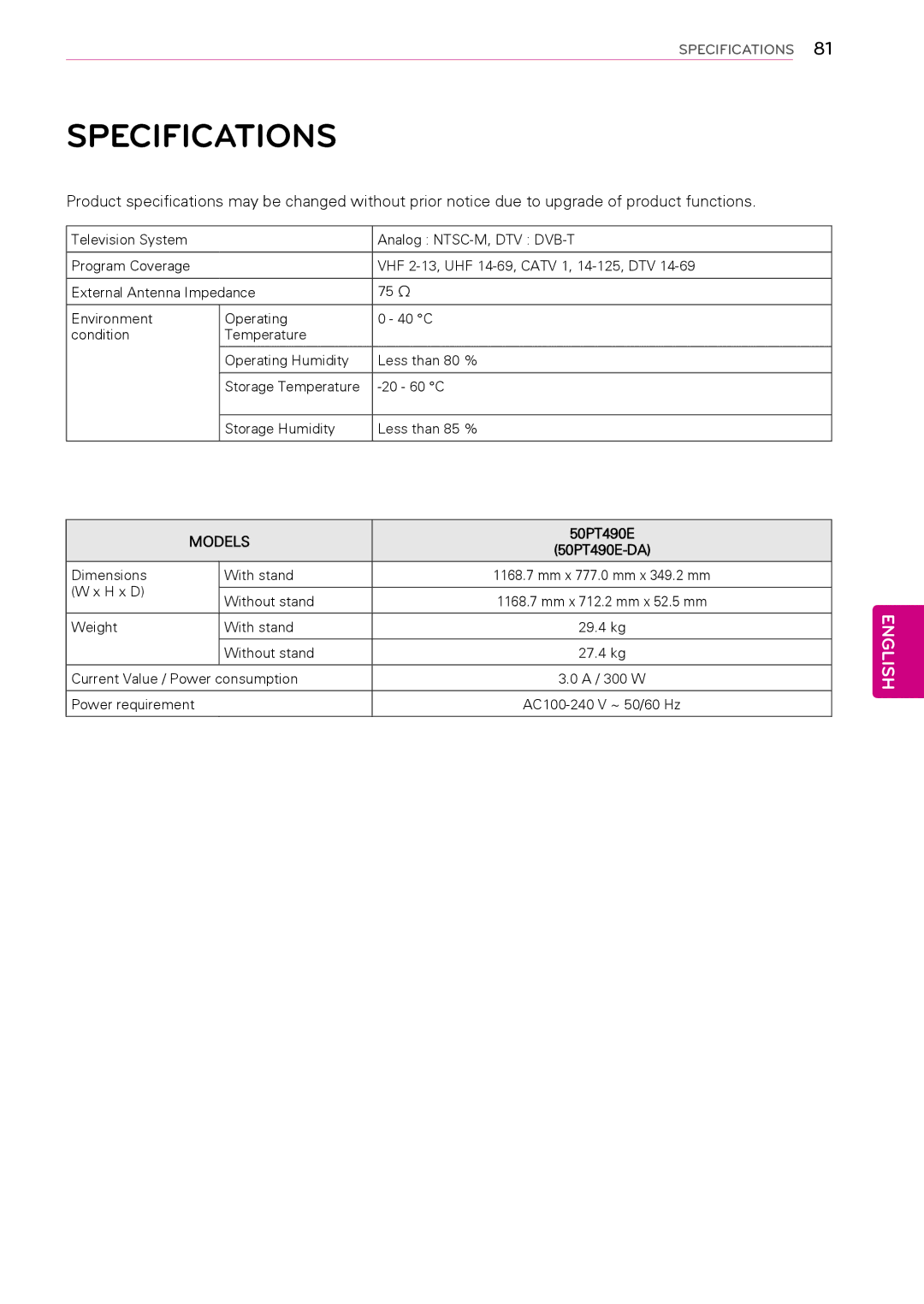 LG Electronics 50PT490E owner manual Specifications, Models 