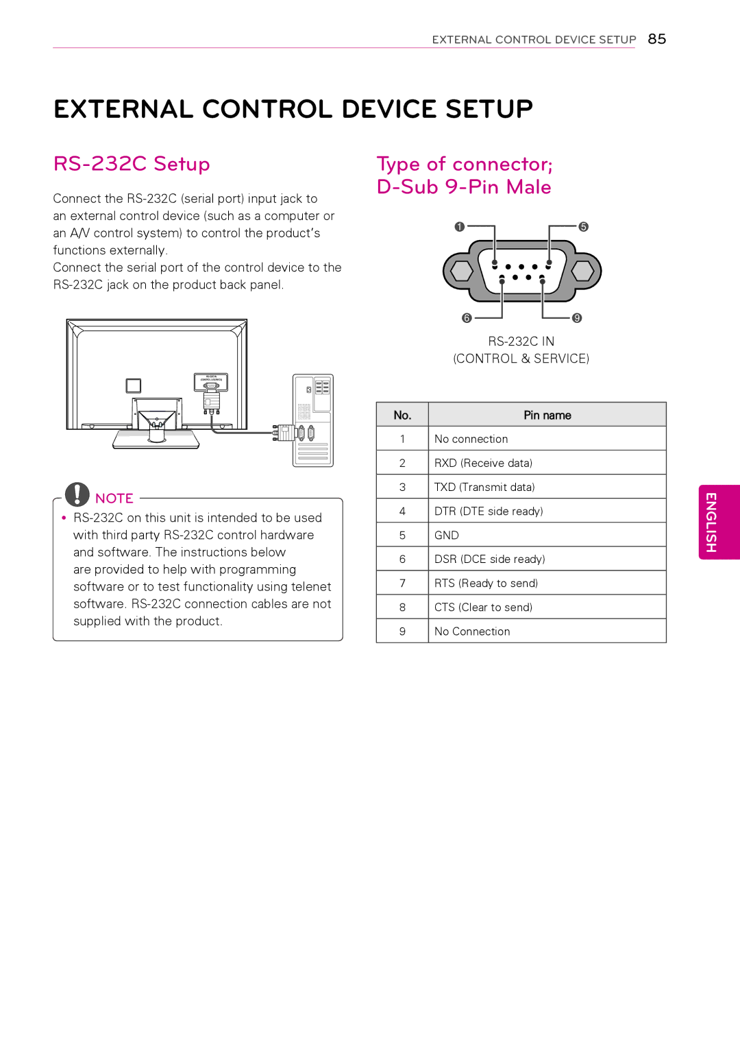 LG Electronics 50PT490E owner manual External Control Device Setup, RS-232C Setup, Type of connector D-Sub 9-Pin Male 