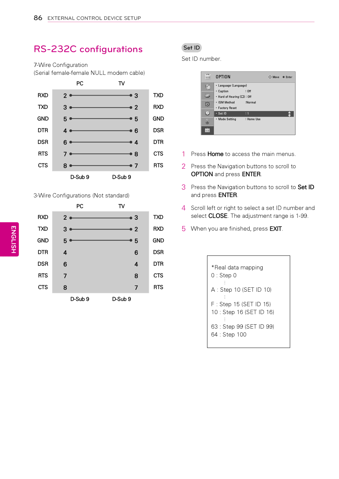 LG Electronics 50PT490E owner manual RS-232C configurations, Wire Configuration Serial female-female Null modem cable 