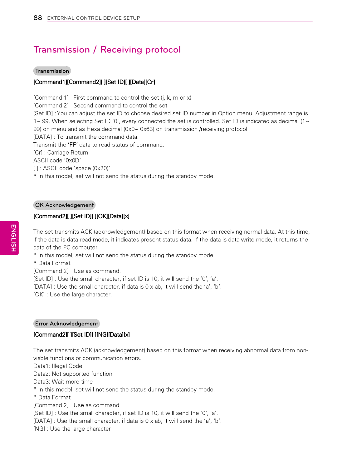 LG Electronics 50PT490E Transmission / Receiving protocol, Command1Command2 Set ID DataCr, Command2 Set ID OKDatax 