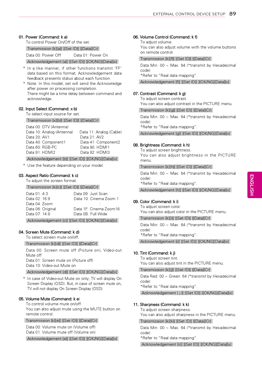 LG Electronics 50PT490E owner manual Power Command k a, Volume Control Command k f To adjust volume 