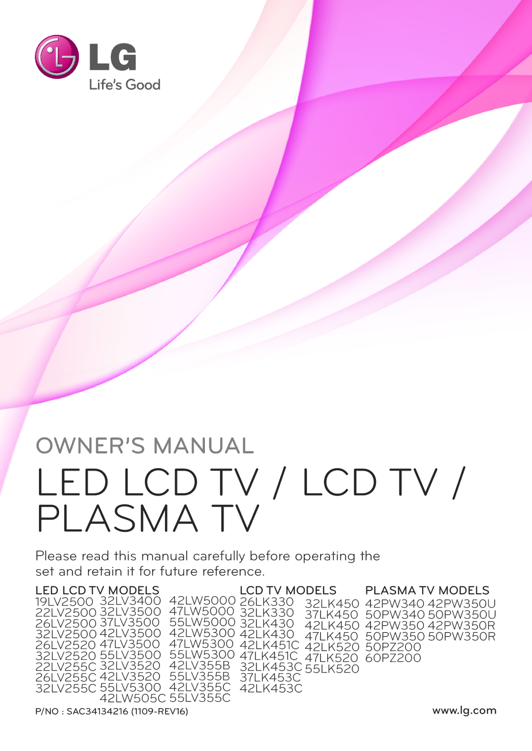 LG Electronics 42PW340, 50PW340, 42PW350, 37LK453C, 32LV2500, 32LV255C, 32LK430 owner manual LED LCD TV / LCD TV / Plasma TV 