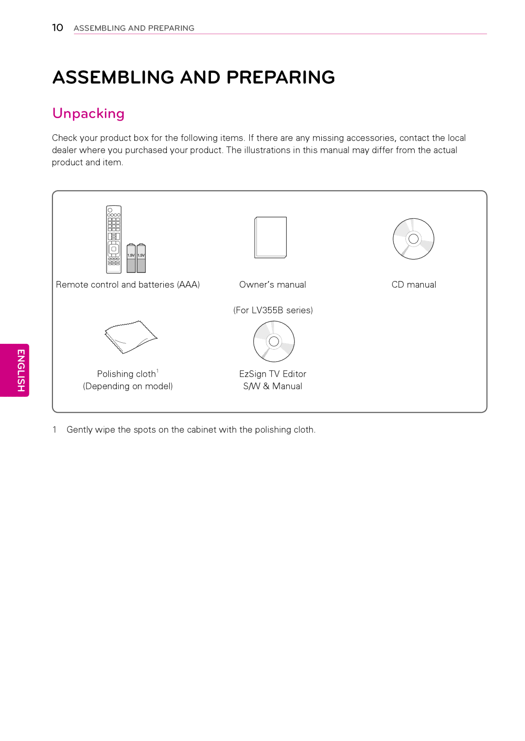 LG Electronics 26LK330, 50PW340, 42PW340 Assembling and Preparing, Unpacking, Remote control and batteries AAA, Manual 