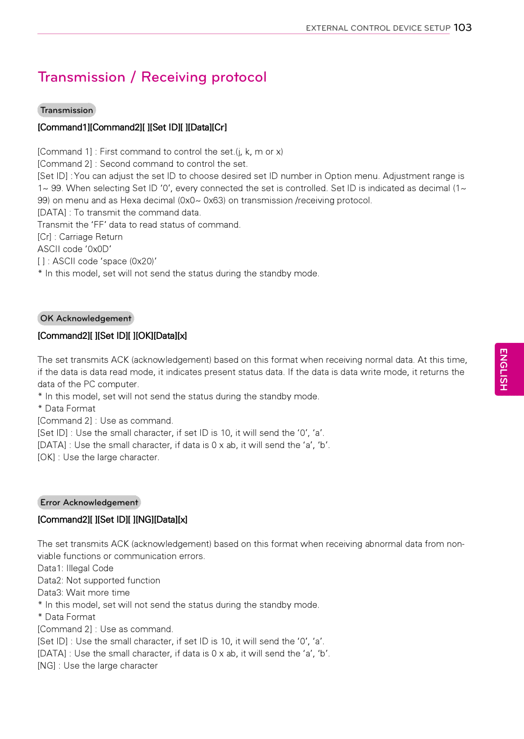 LG Electronics 32LK453C Transmission / Receiving protocol, Command1Command2 Set ID DataCr, Command2 Set ID OKDatax 