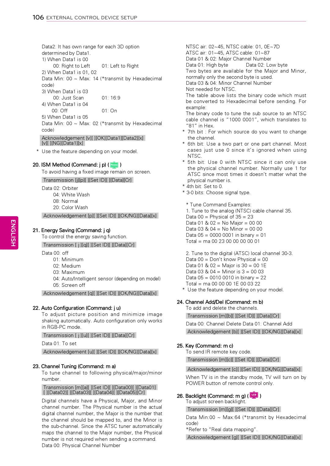 LG Electronics 22LV255C, 50PW340 ISM Method Command j p Plasma, Energy Saving Command j q, Auto Configuration Command j u 