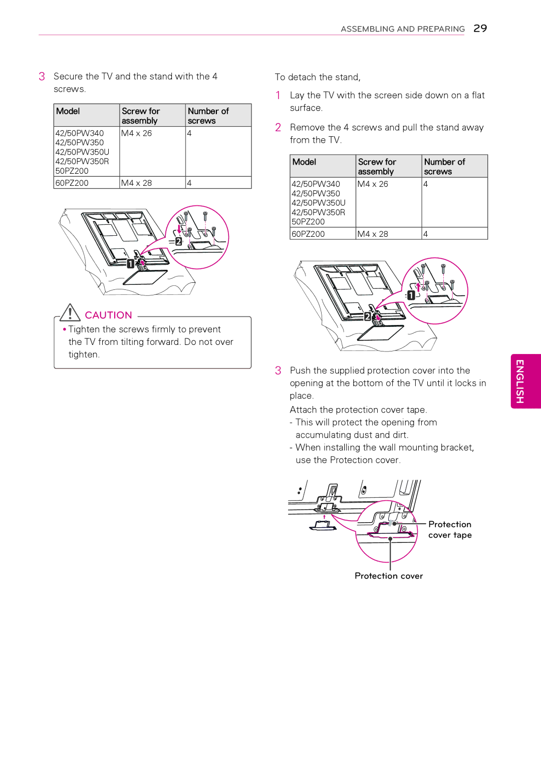 LG Electronics 26LK330, 50PW340 Surface, Remove the 4 screws and pull the stand away, From the TV, Model Screw for Number 