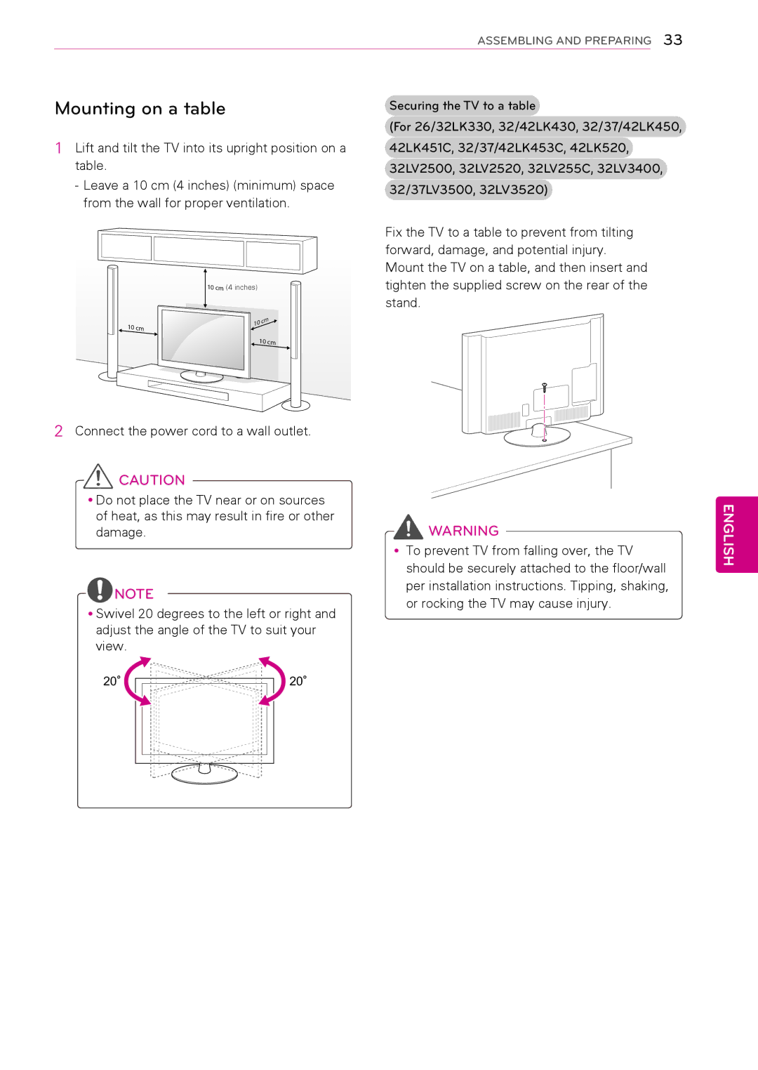 LG Electronics 42LK453C, 50PW340, 42PW340, 42PW350, 37LK453C, 32LV2500, 32LV255C, 32LK430, 32LV2520, 32LK453C Mounting on a table 