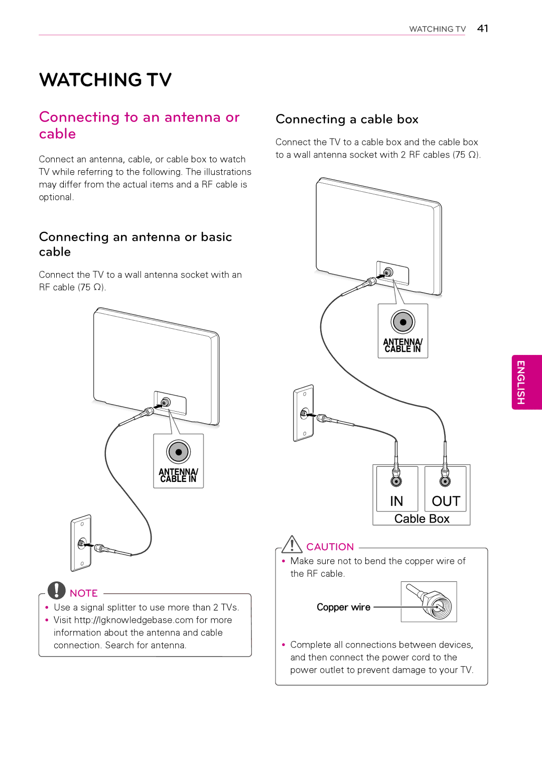 LG Electronics 37LK453C Watching TV, Connecting to an antenna or cable, Connecting an antenna or basic cable, Copper wire 