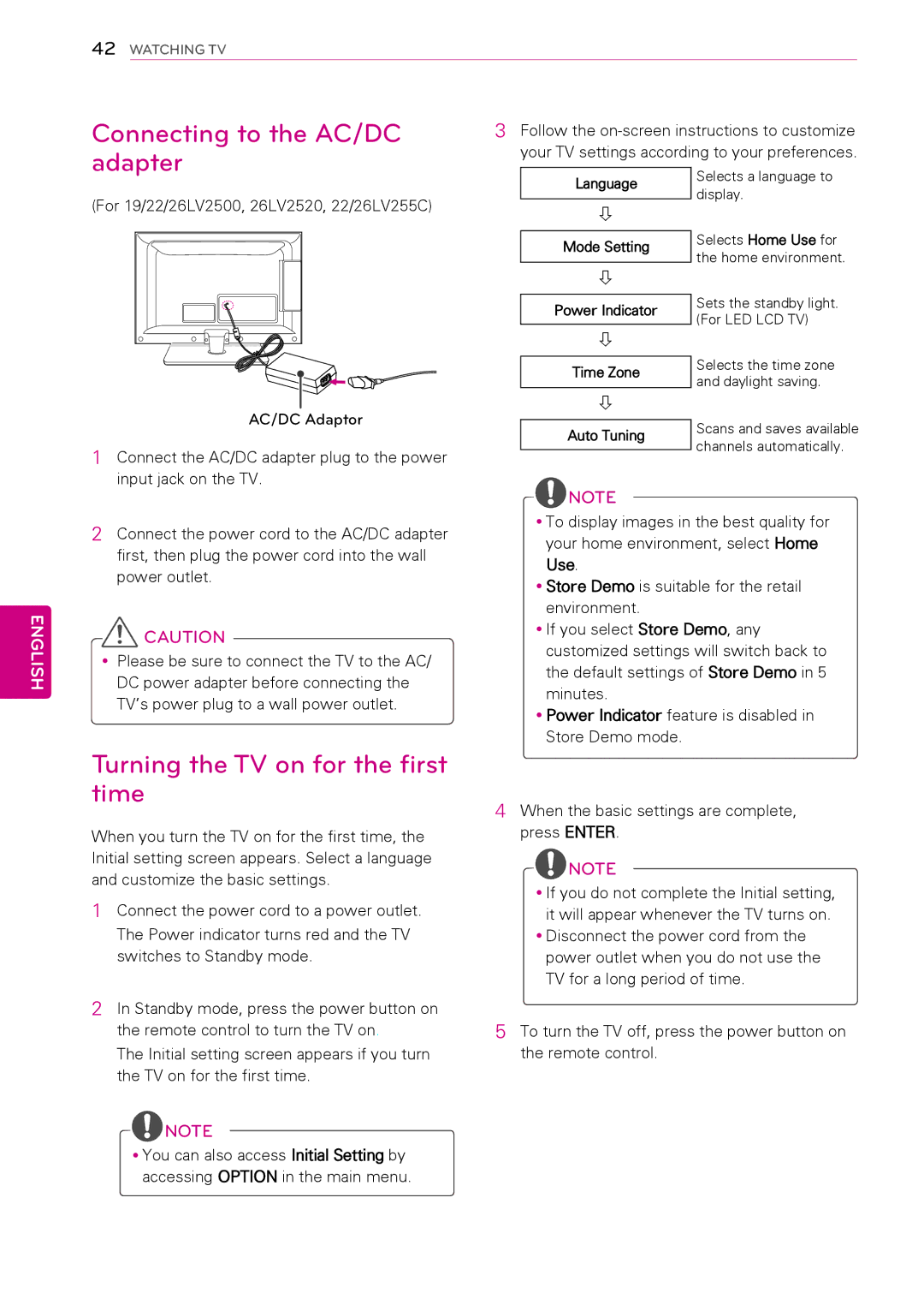 LG Electronics 32LV2500, 50PW340, 42PW340, 42PW350 Connecting to the AC/DC, Adapter, Turning the TV on for the first time 