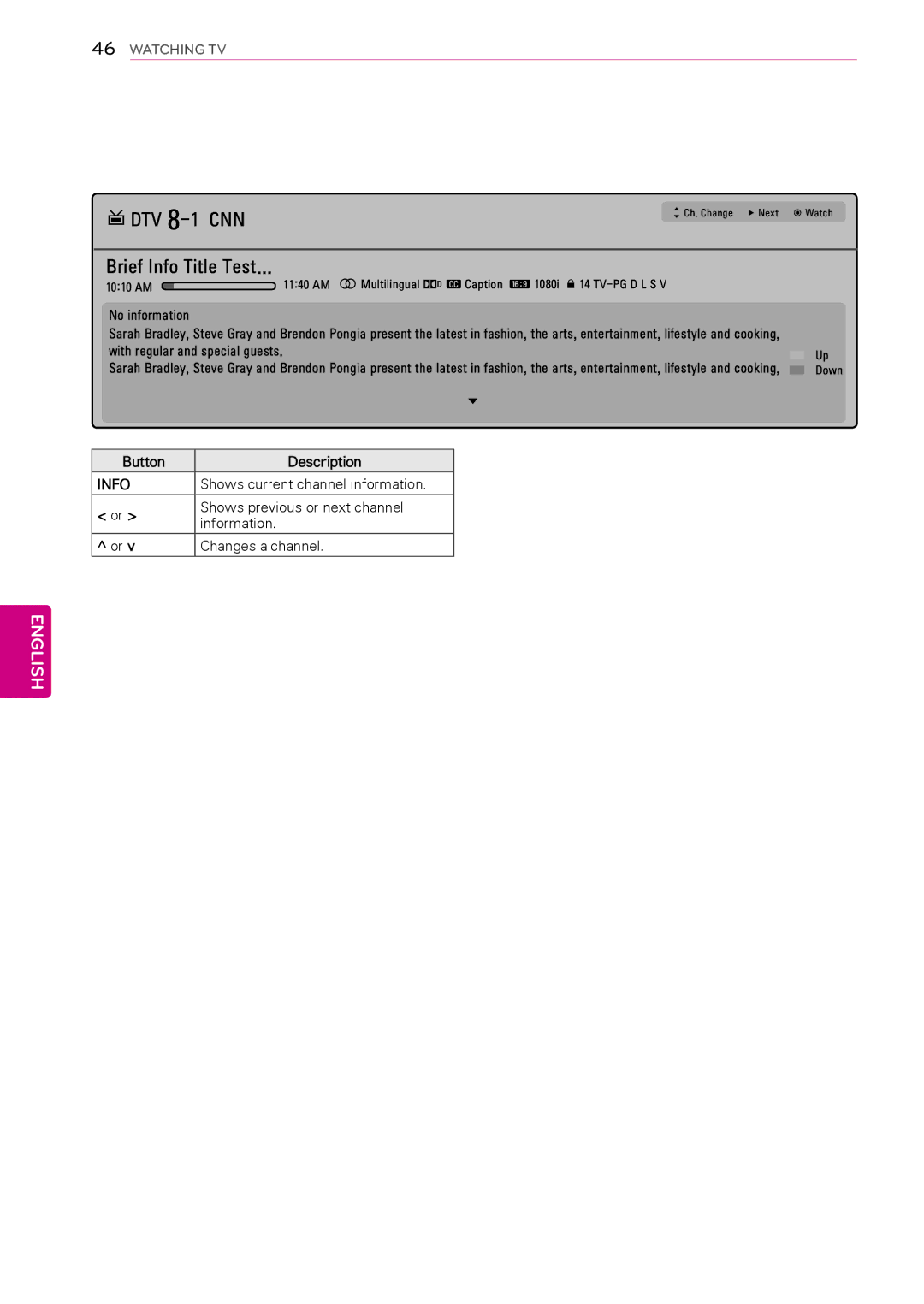 LG Electronics 32LK453C, 50PW340 Shows current channel information, Shows previous or next channel, Information 