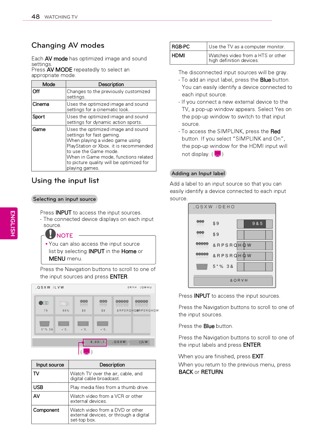 LG Electronics 26LK330, 50PW340, 42PW340, 42PW350, 37LK453C, 32LV2500, 32LV255C, 32LK430 Changing AV modes, Using the input list 