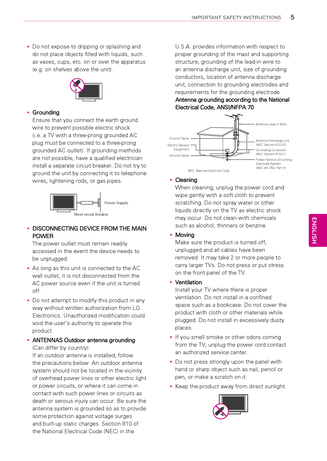 LG Electronics 32LV255C Antenna grounding according to the National, YyGrounding, YyCleaning, YyMoving, YyVentilation 