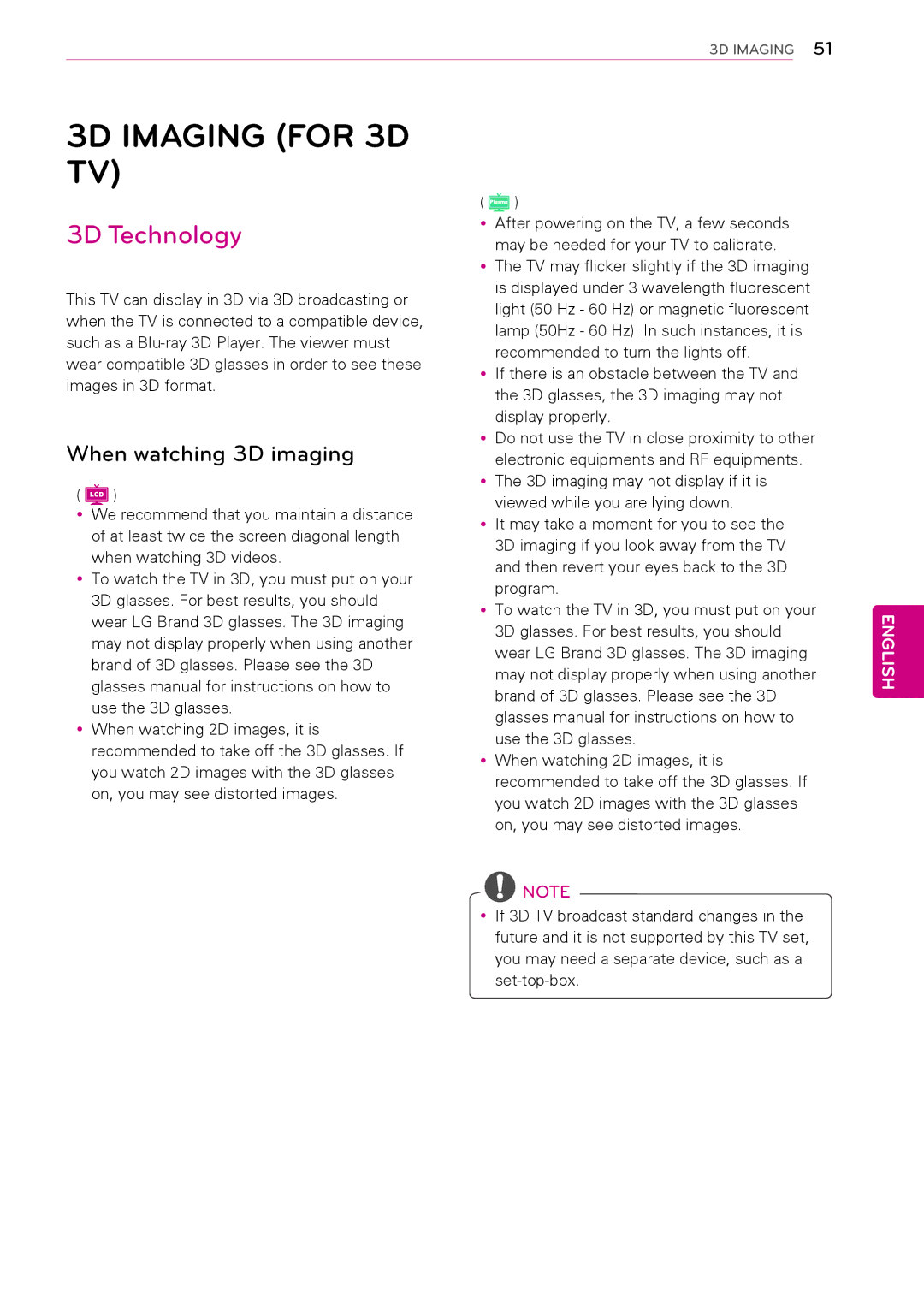 LG Electronics 26LV255C, 50PW340, 42PW340, 42PW350, 37LK453C 3D Imaging for 3D TV, 3D Technology, When watching 3D imaging 