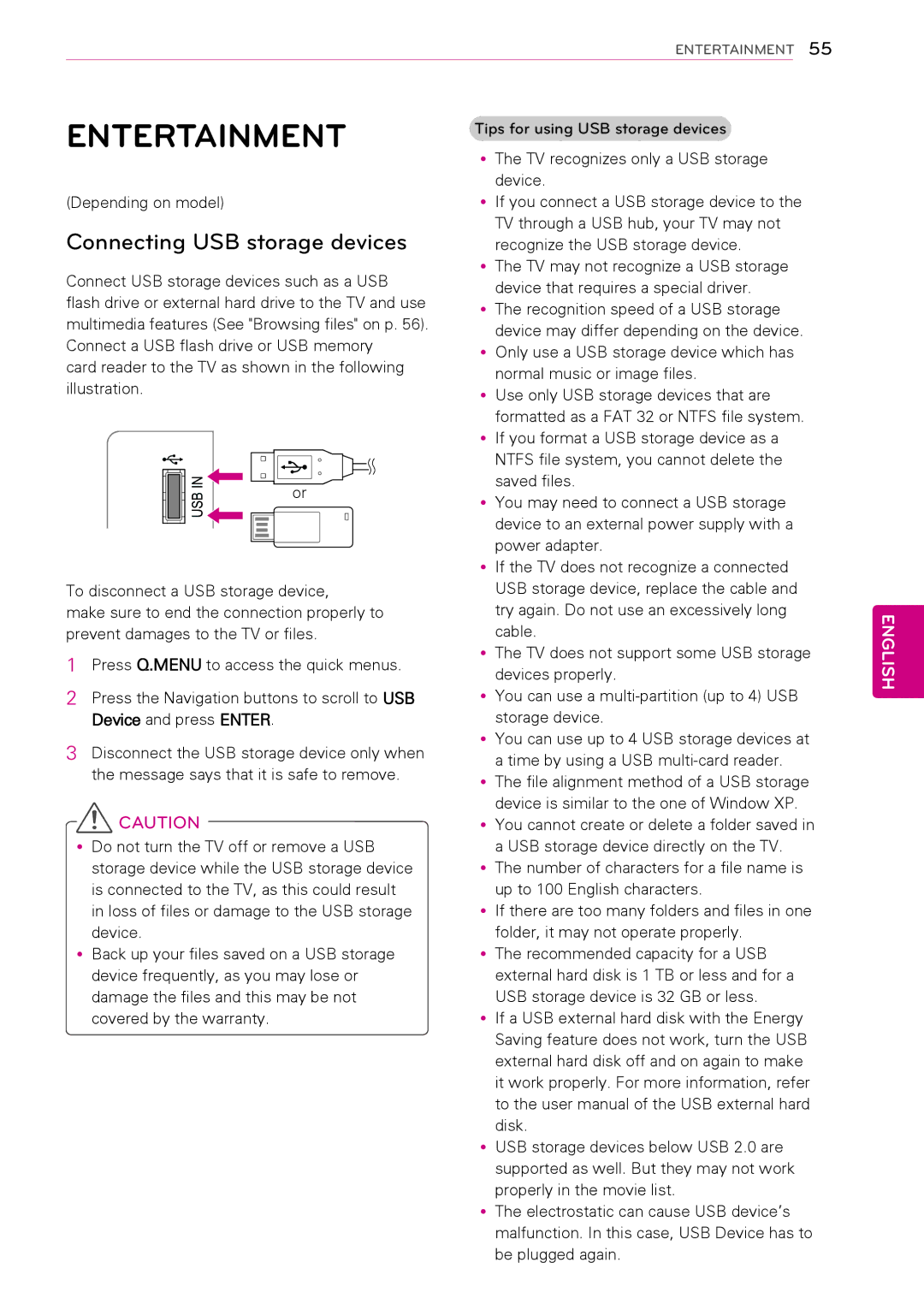 LG Electronics 47LK451C, 50PW340, 42PW340, 42PW350, 32LK430 Entertainment, Connecting USB storage devices, Depending on model 