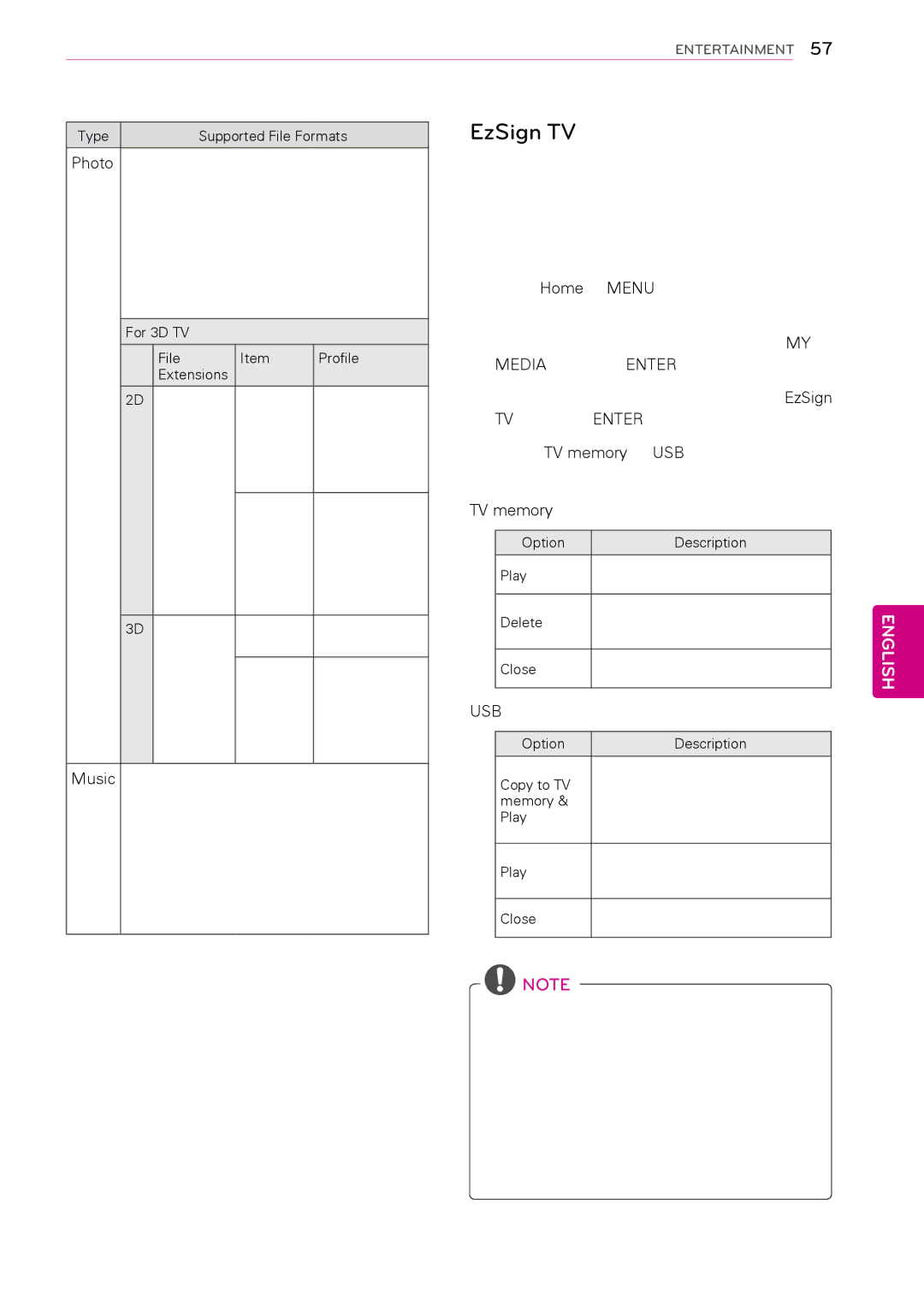 LG Electronics 50PW340, 42PW340, 42PW350, 37LK453C, 32LV2500 EzSign TV, Media and press Enter, Select TV memory or USB 