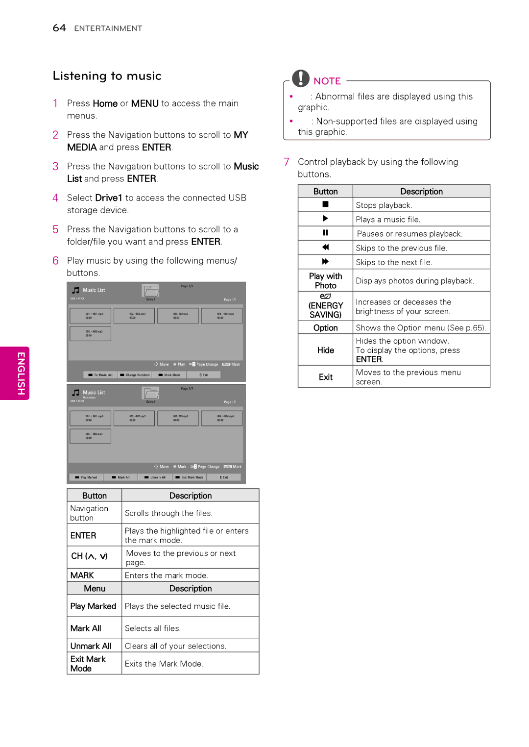 LG Electronics 32LV2520, 50PW340, 42PW340, 42PW350, 37LK453C, 32LV2500, 32LV255C, 32LK430 Listening to music, Mode Button 