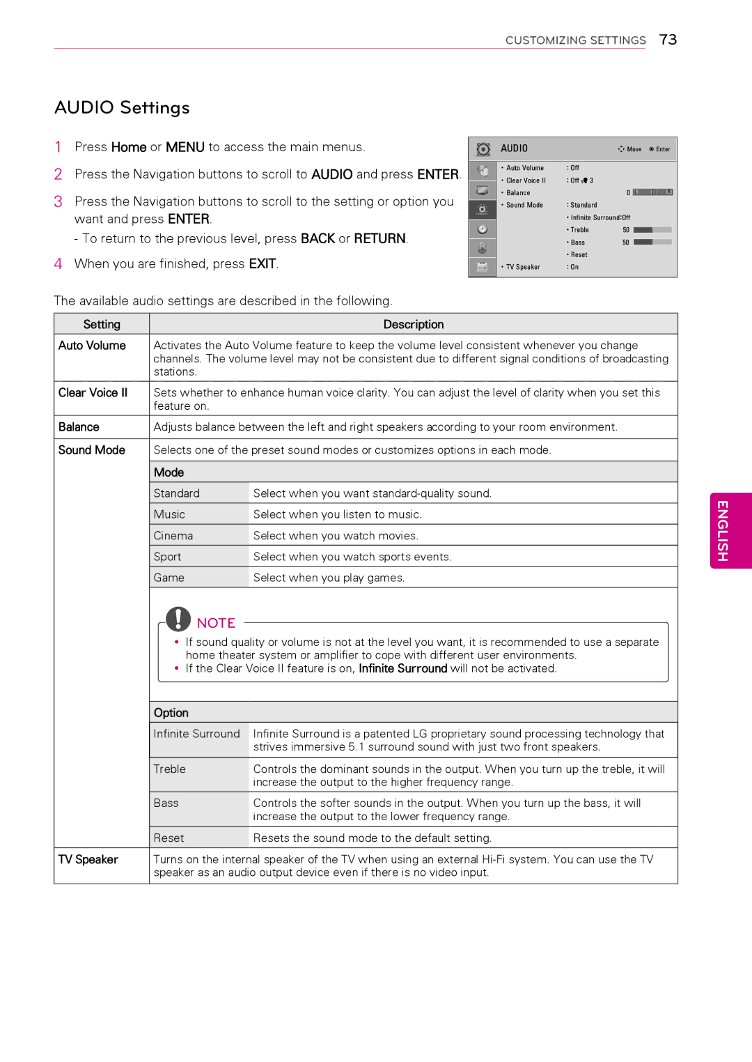 LG Electronics 42LK451C, 50PW340, 42PW340, 42PW350 Audio Settings, Available audio settings are described in the following 