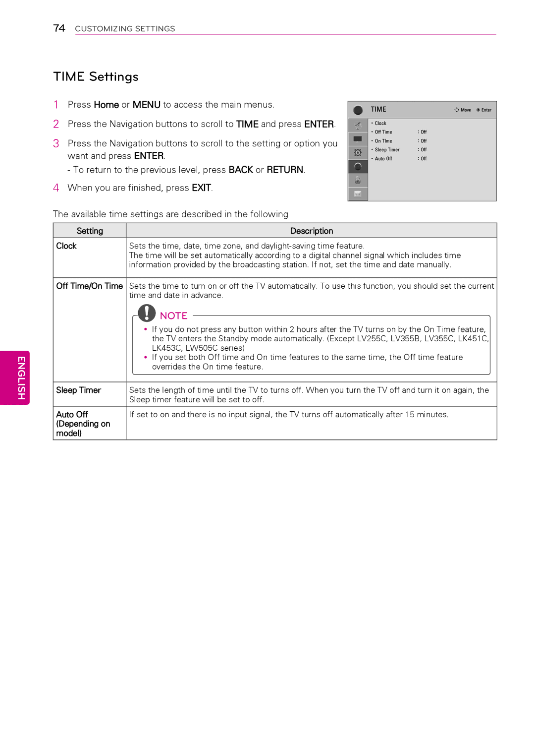 LG Electronics 47LK451C, 50PW340, 42PW340, 42PW350 Time Settings, Available time settings are described in the following 