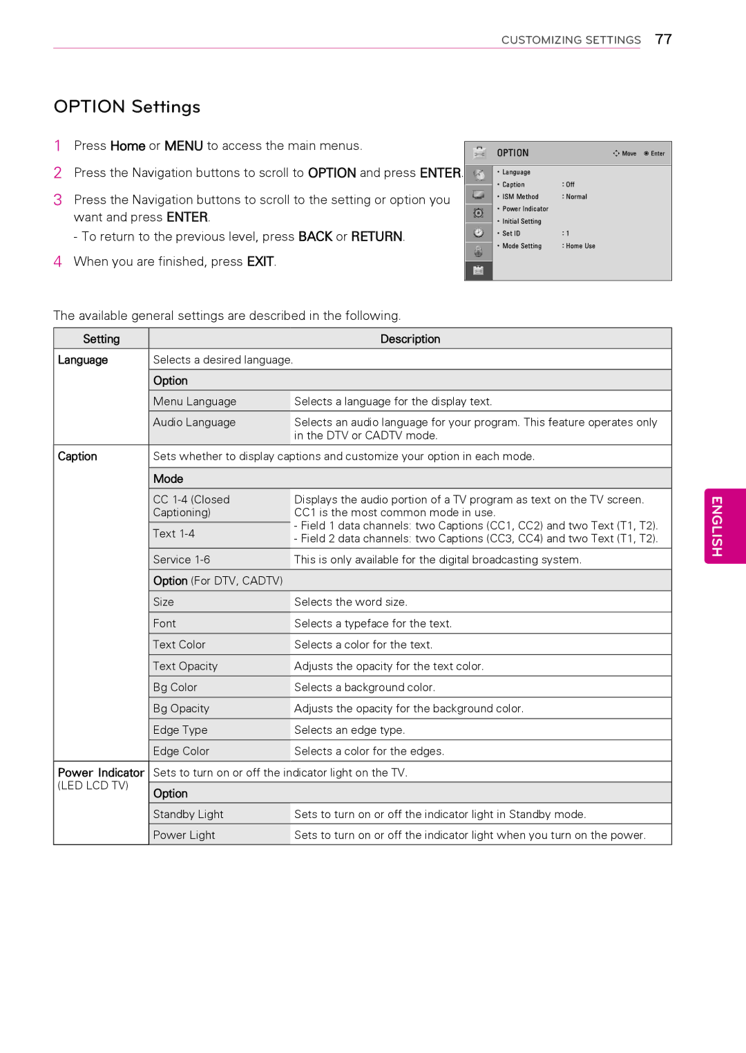 LG Electronics 42PW340, 50PW340, 42PW350, 32LK430 Option Settings, Available general settings are described in the following 