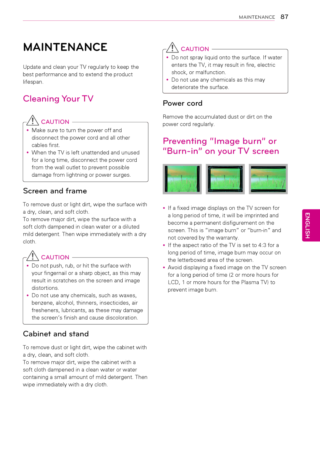 LG Electronics 22LV255C, 50PW340, 42PW340 Maintenance, Cleaning Your TV, Preventing Image burn or Burn-in on your TV screen 