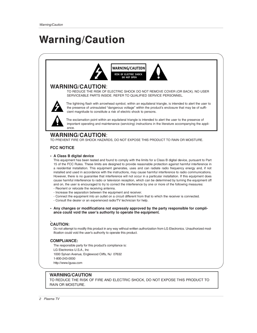 LG Electronics 50PX1D-UC owner manual FCC Notice, Class B digital device 