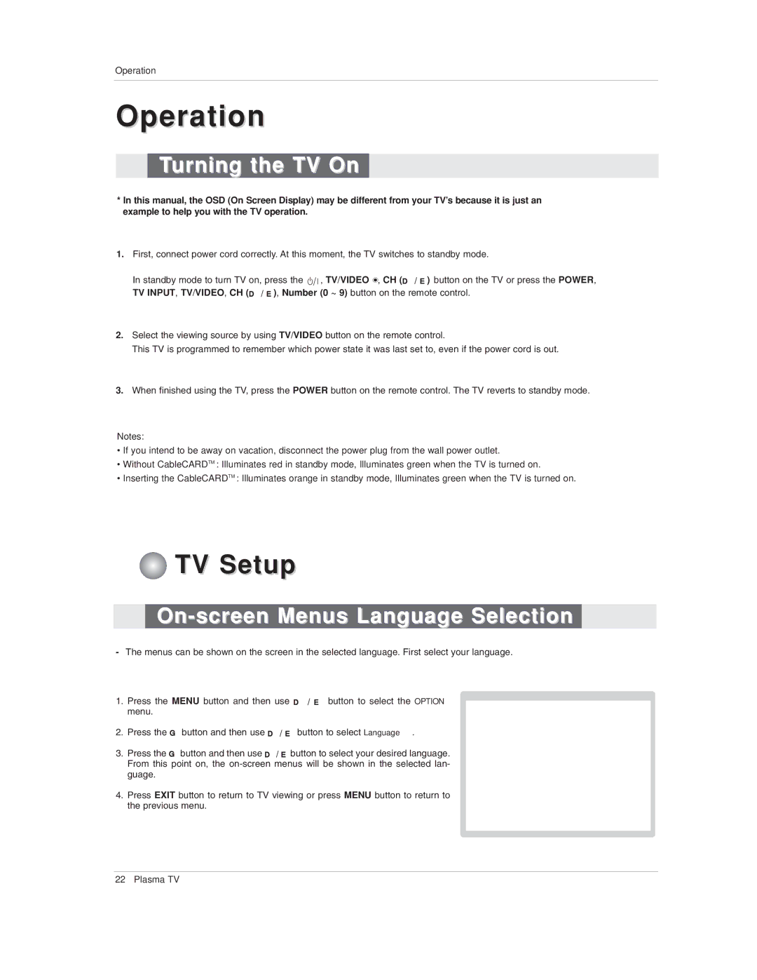 LG Electronics 50PX1D-UC owner manual Turning the TV On, On-screen Menus Language Selection 