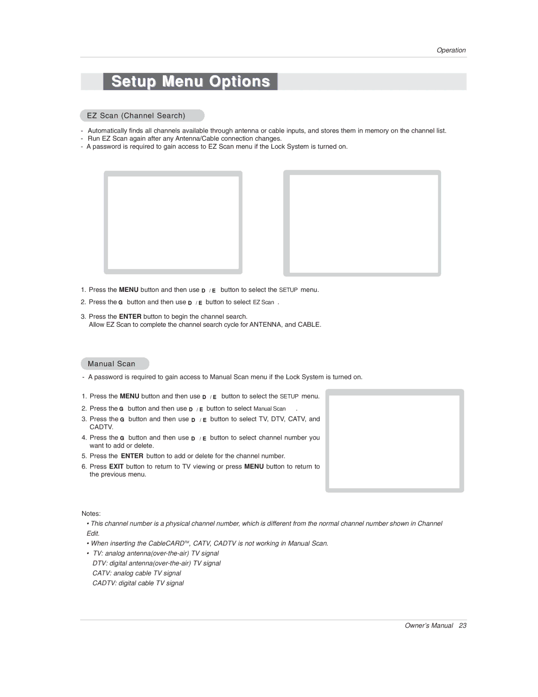 LG Electronics 50PX1D-UC owner manual Setup Menu Options, EZ Scan Channel Search, Manual Scan 