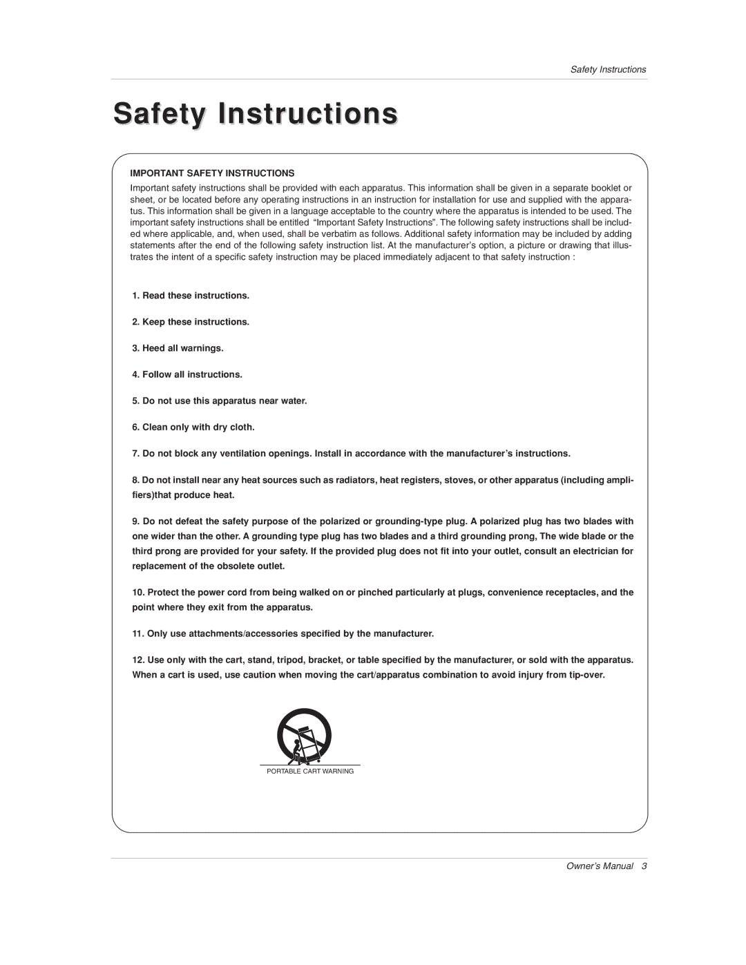 LG Electronics 50PX1D-UC owner manual Safety Instructions 