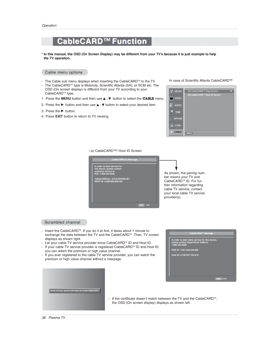 LG Electronics 50PX1D-UC owner manual CableCARD Function, Cable menu options, Scrambled channel 