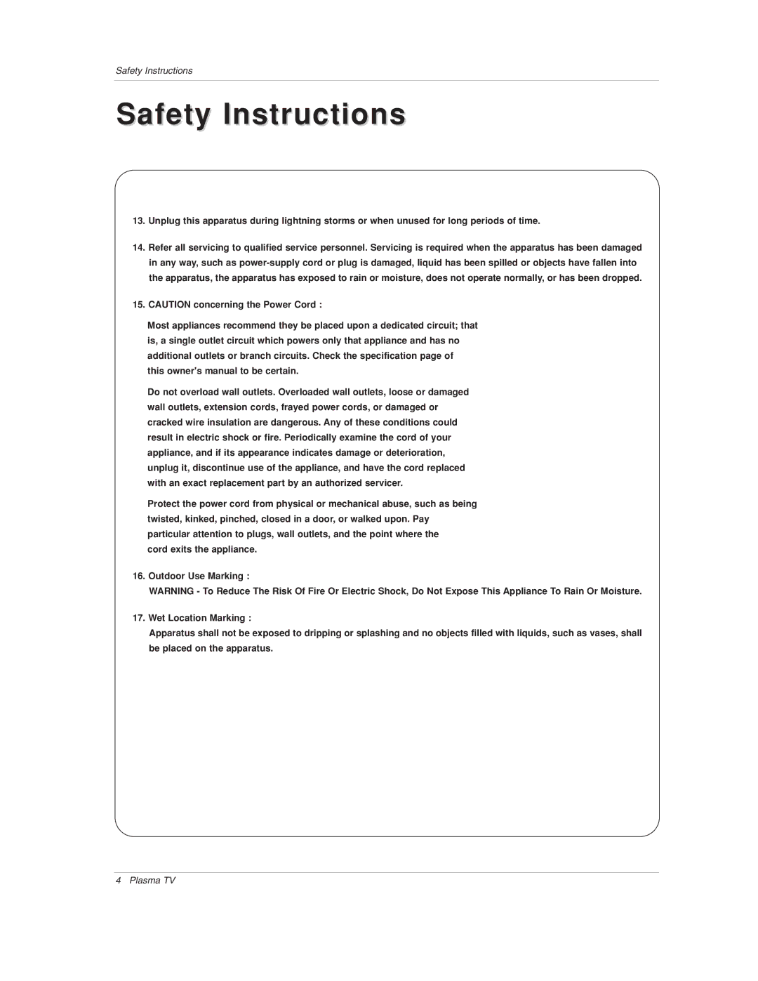 LG Electronics 50PX1D-UC owner manual Safety Instructions 