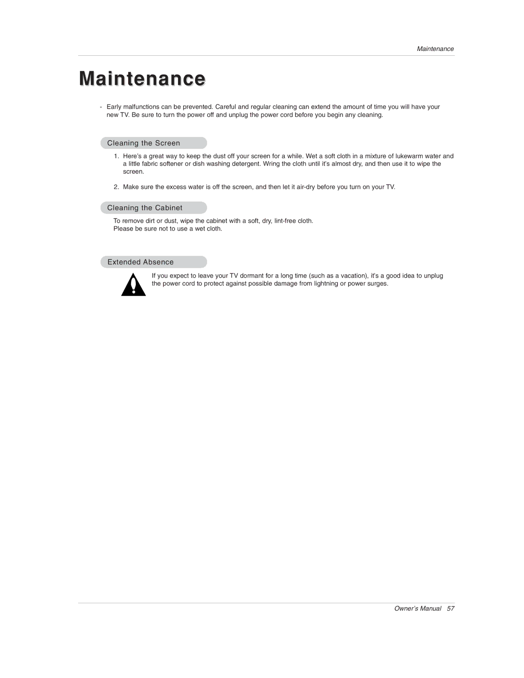 LG Electronics 50PX1D-UC owner manual Cleaning the Screen, Cleaning the Cabinet, Extended Absence 