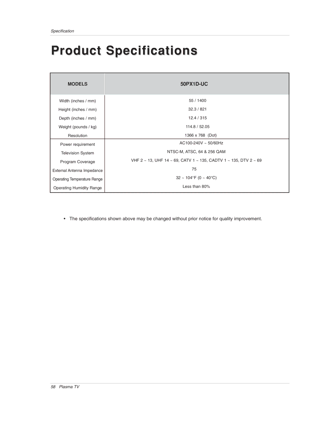 LG Electronics 50PX1D-UC owner manual Product Specifications 