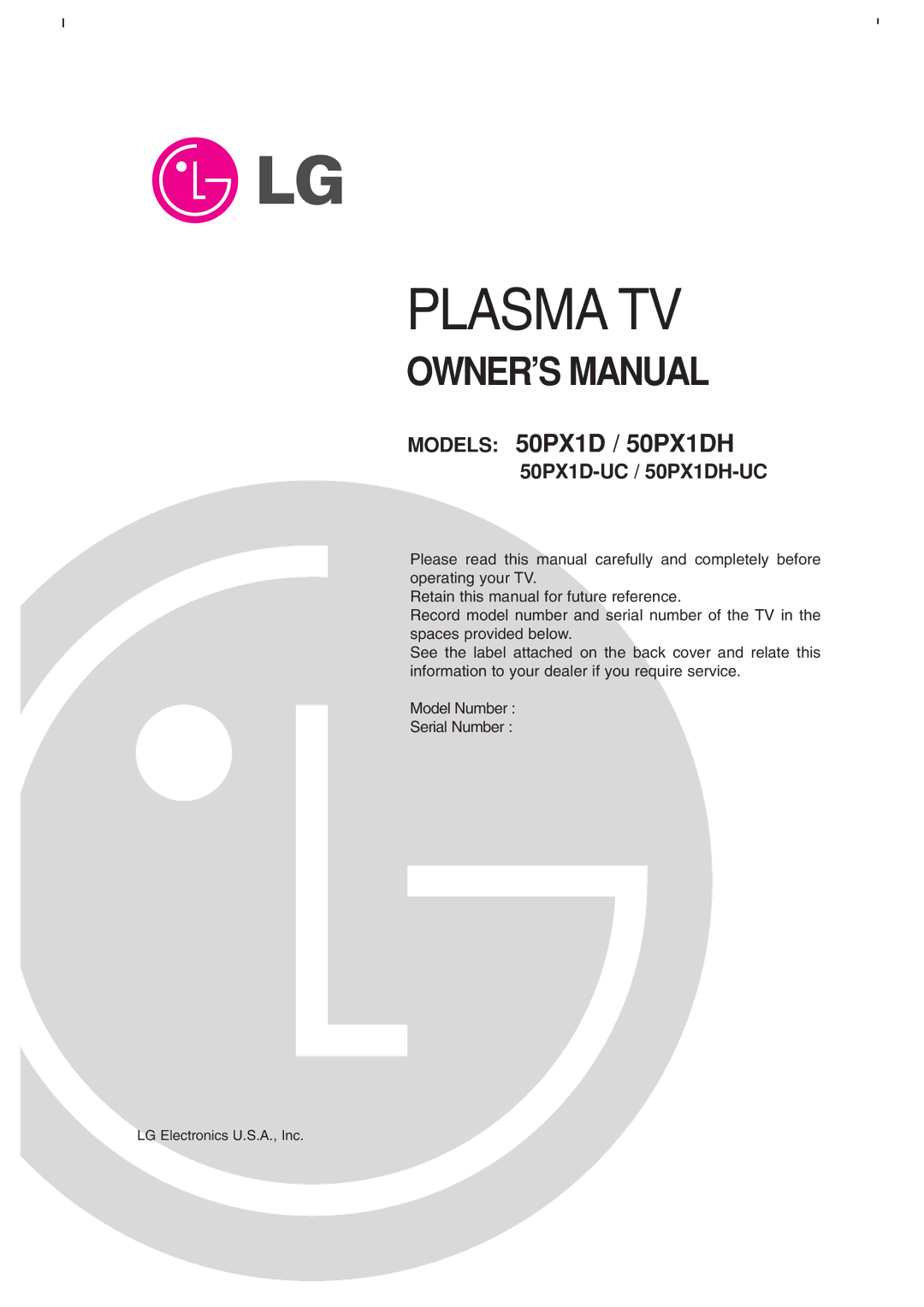 LG Electronics 50PX1DH owner manual Plasma TV, LG Electronics U.S.A., Inc 