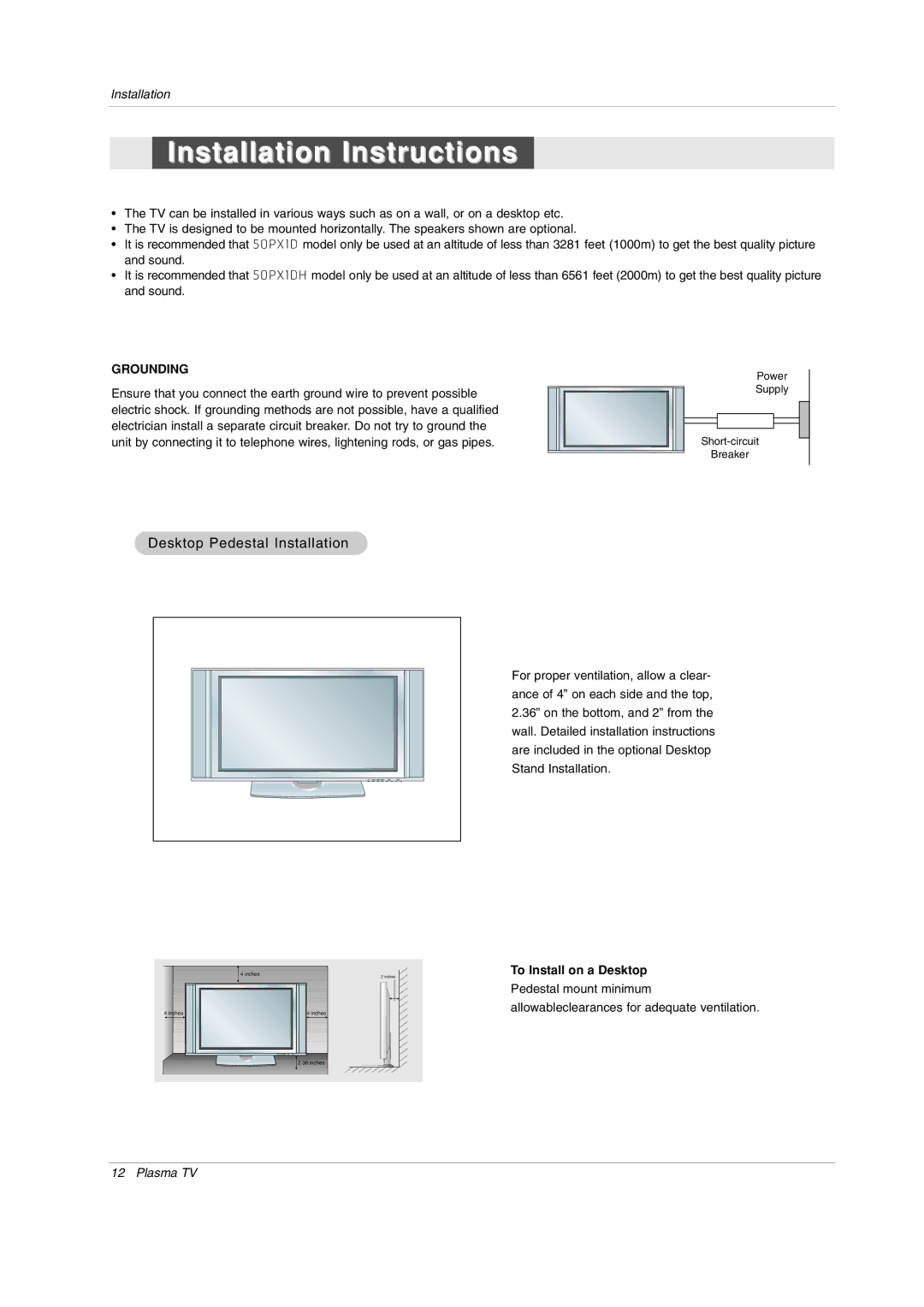 LG Electronics 50PX1DH owner manual Desktop Pedestal Installation, To Install on a Desktop 