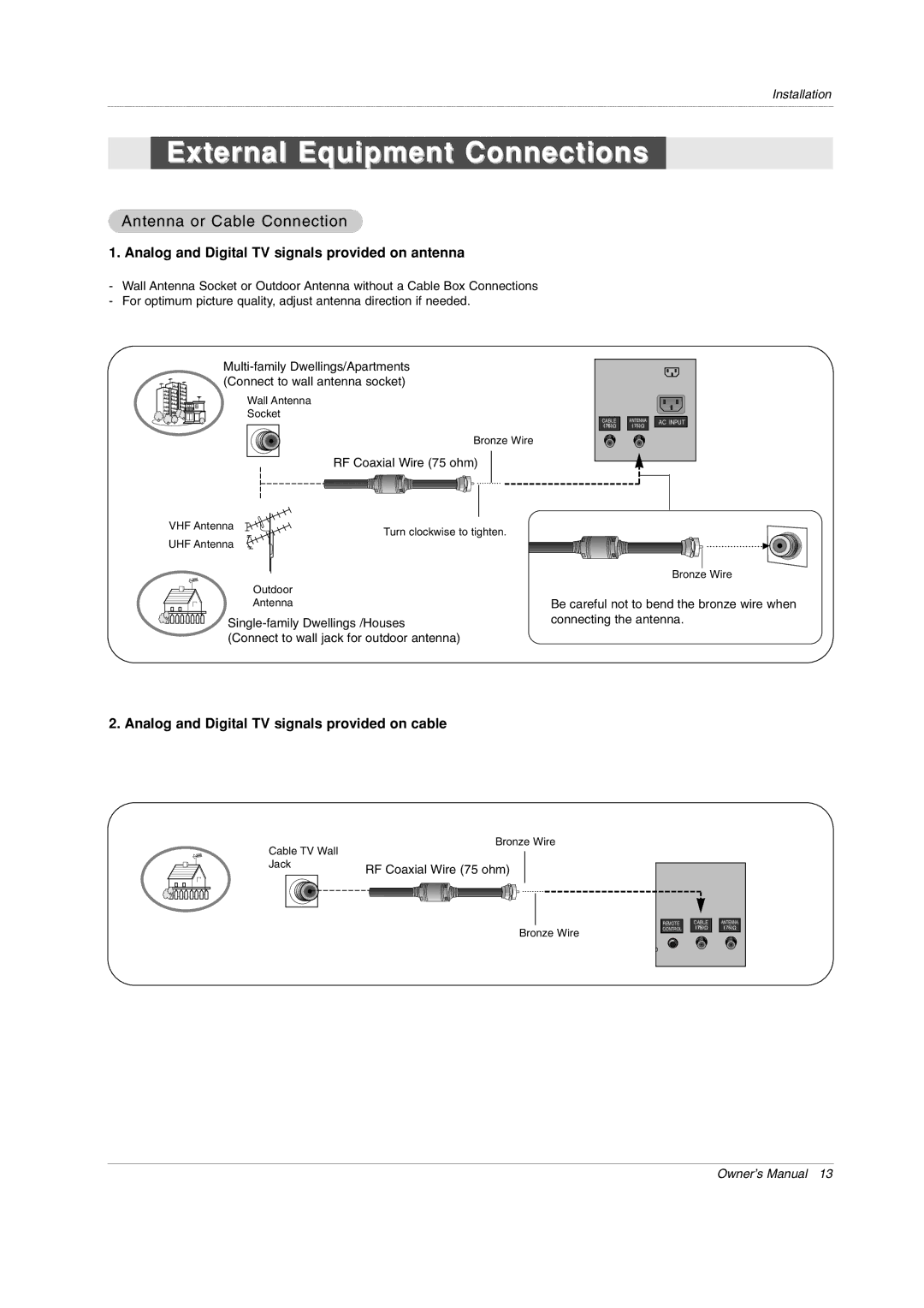 LG Electronics 50PX1DH owner manual External Equipment Connections, Analog and Digital TV signals provided on antenna 