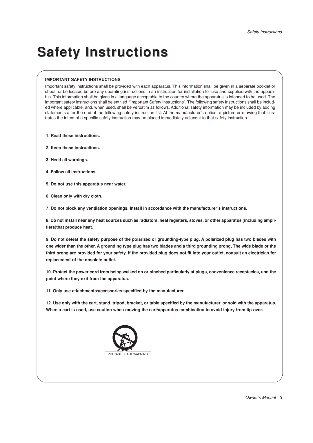 LG Electronics 50PX1DH owner manual Safety Instructions 