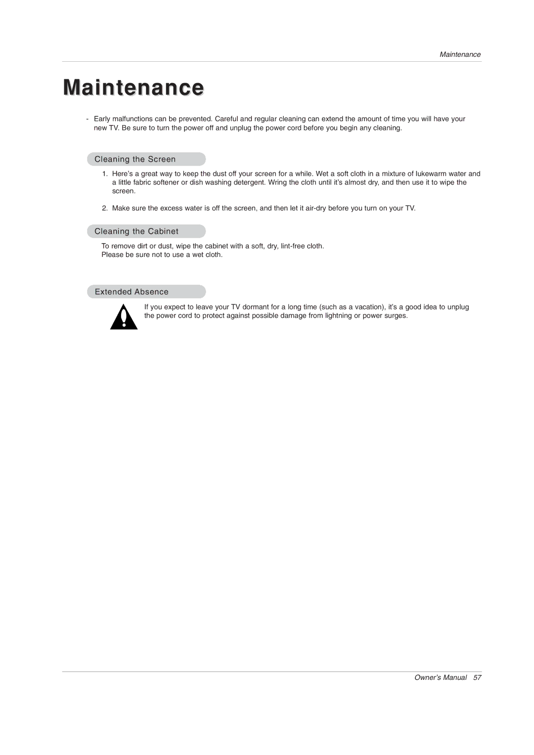LG Electronics 50PX1DH owner manual Cleaning the Screen, Cleaning the Cabinet, Extended Absence 