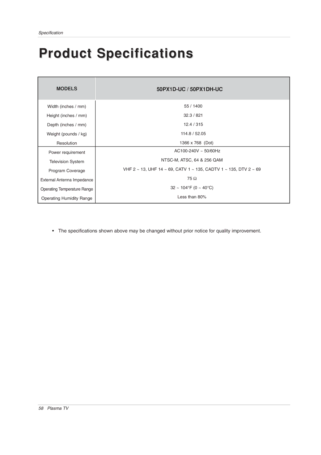 LG Electronics 50PX1DH owner manual Product Specifications 