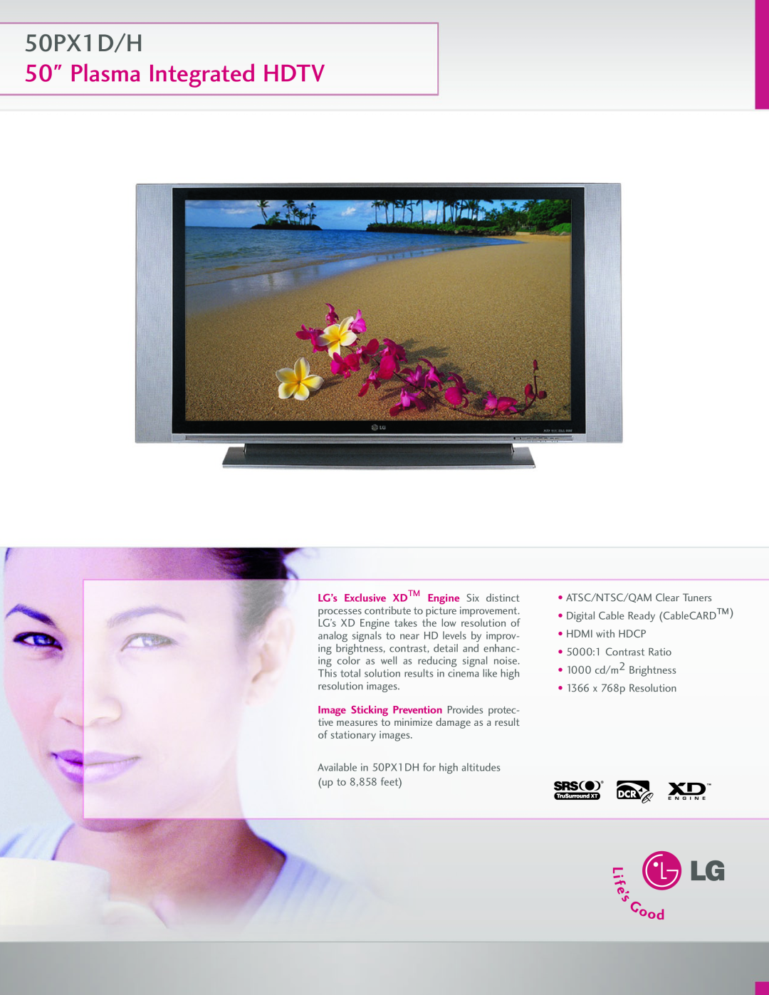 LG Electronics 50PX1H manual 50PX1D/H, Plasma Integrated HDTV, Available in 50PX1DH for high altitudes up to 8,858 feet 