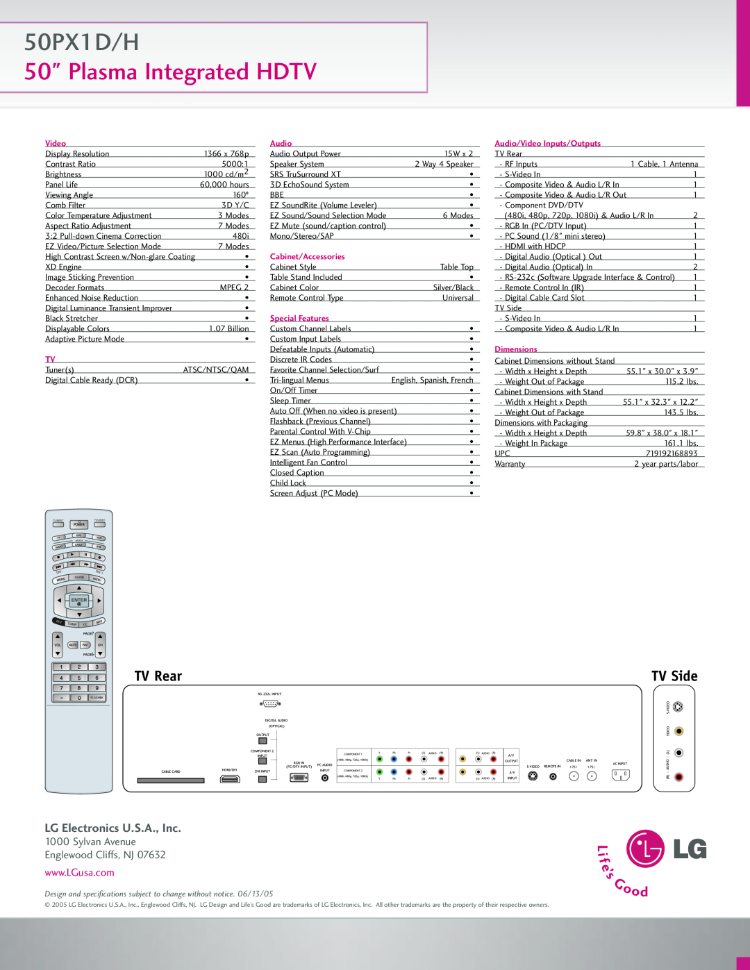 LG Electronics 50PX1H manual 50PX1D/H, Plasma Integrated HDTV, TV Rear, TV Side, LG Electronics U.S.A., Inc, Video, Audio 