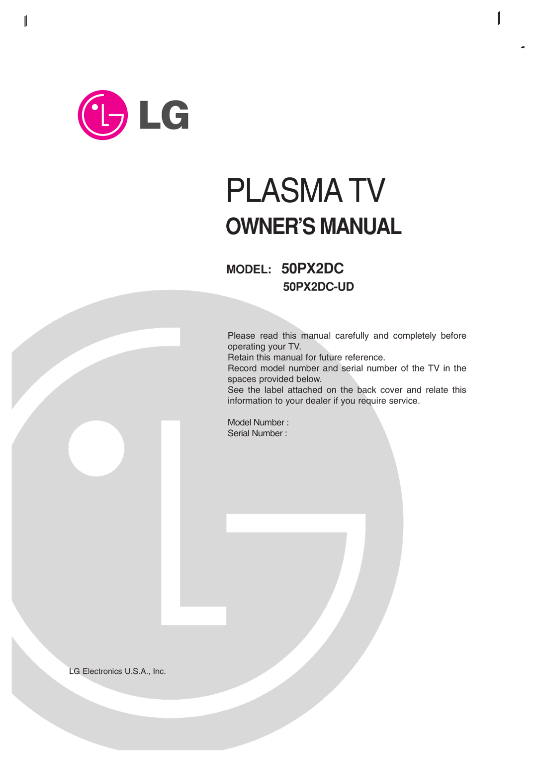 LG Electronics 50PX2DC-UD owner manual Plasma TV, LG Electronics U.S.A., Inc 