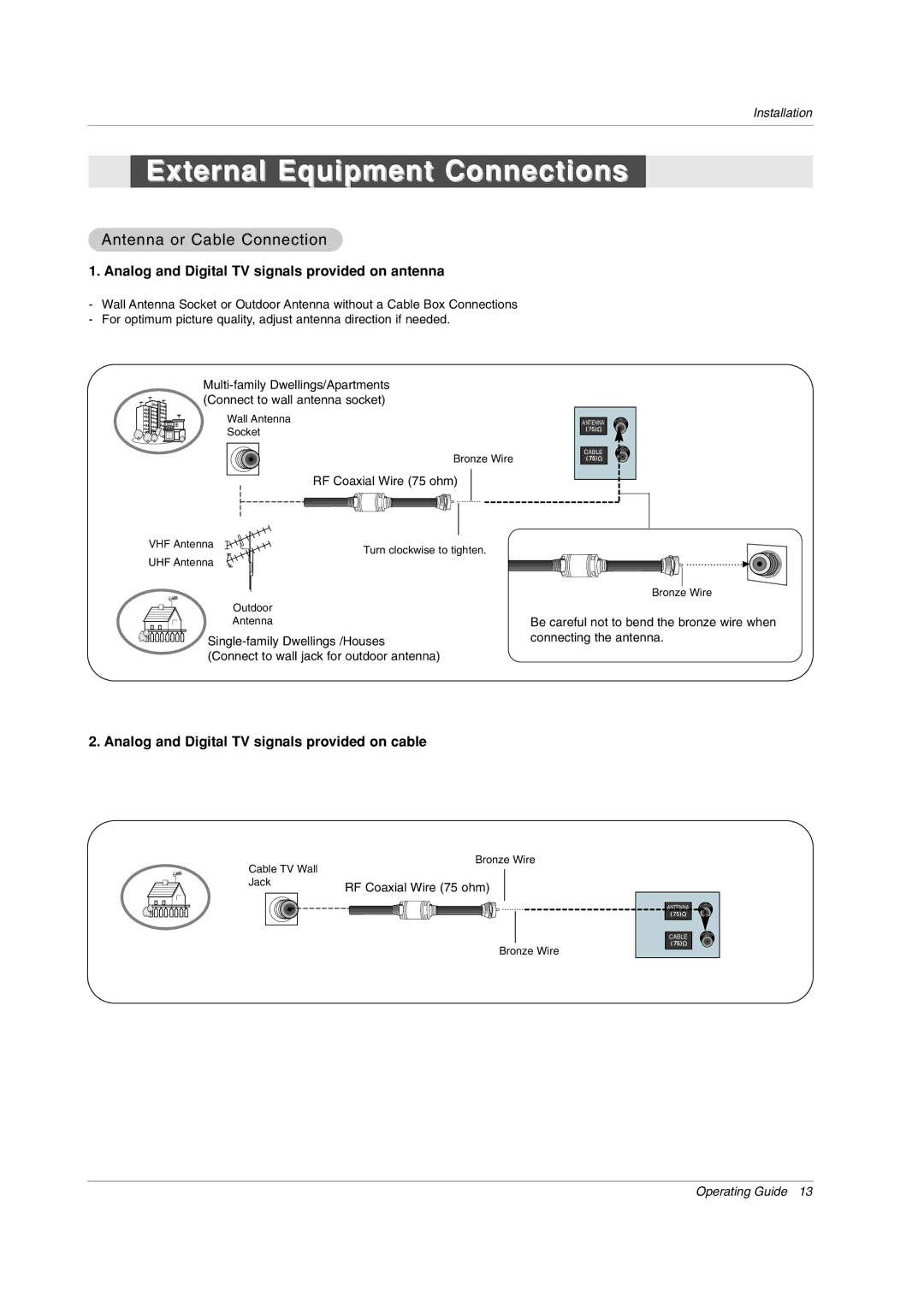 LG Electronics 50PX2DC-UD owner manual External Equipment Connections, Analog and Digital TV signals provided on antenna 