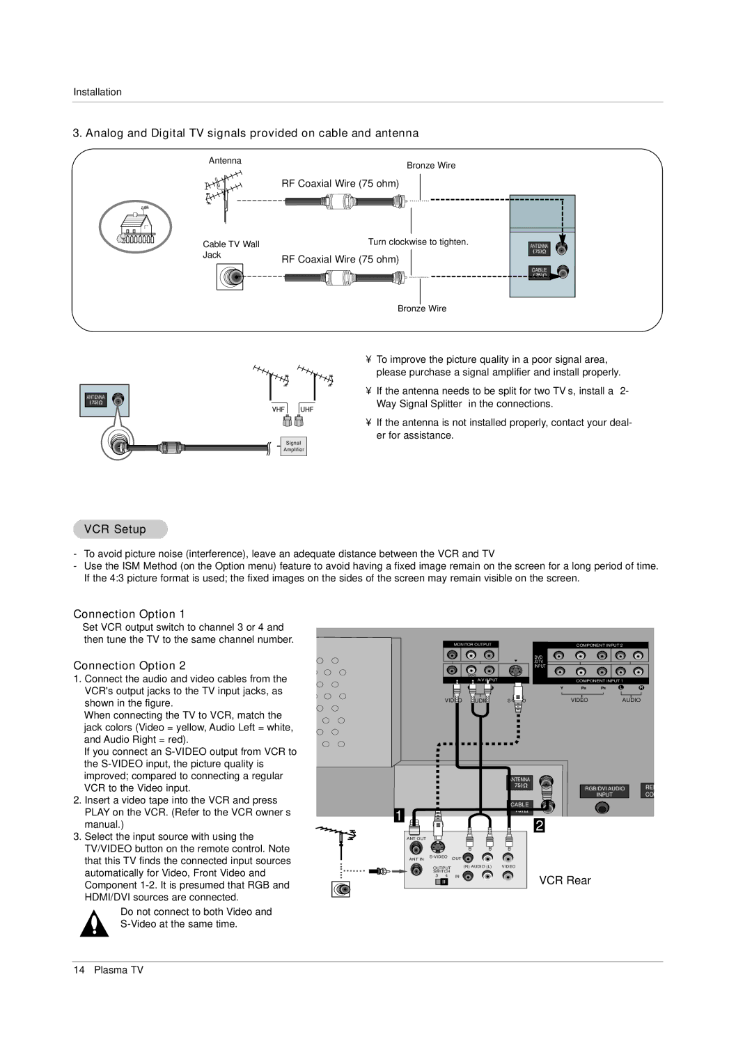 LG Electronics 50PX2DC-UD Analog and Digital TV signals provided on cable and antenna, VCR Setup, Connection Option 