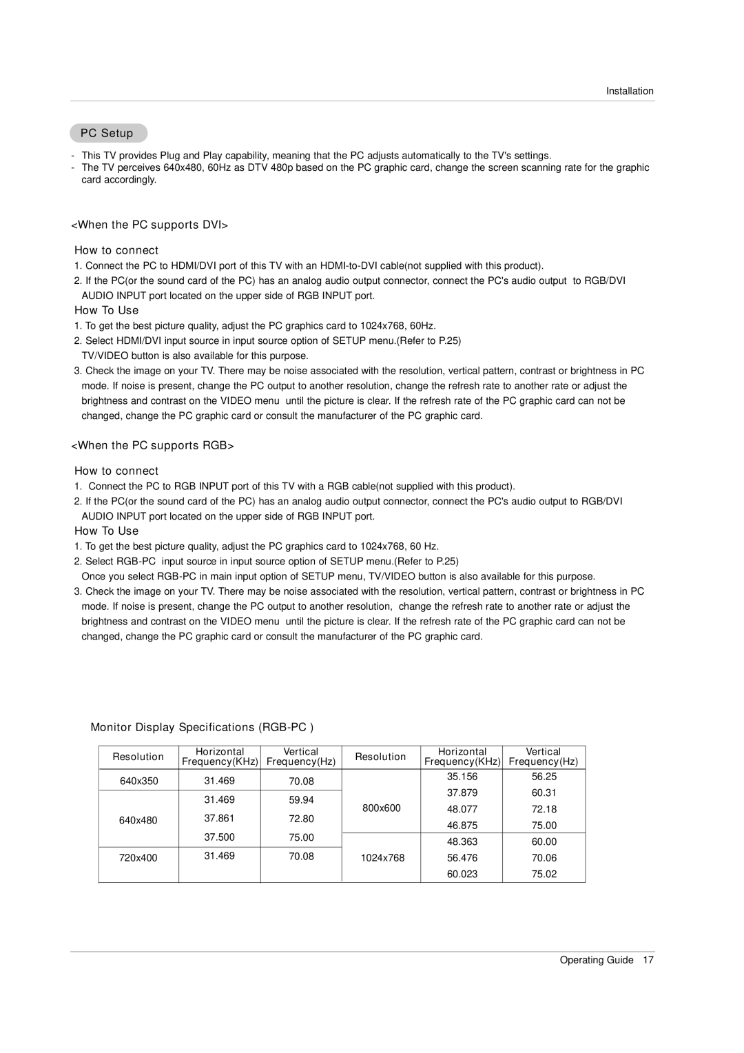 LG Electronics 50PX2DC PC Setup, When the PC supports DVI How to connect, When the PC supports RGB How to connect 