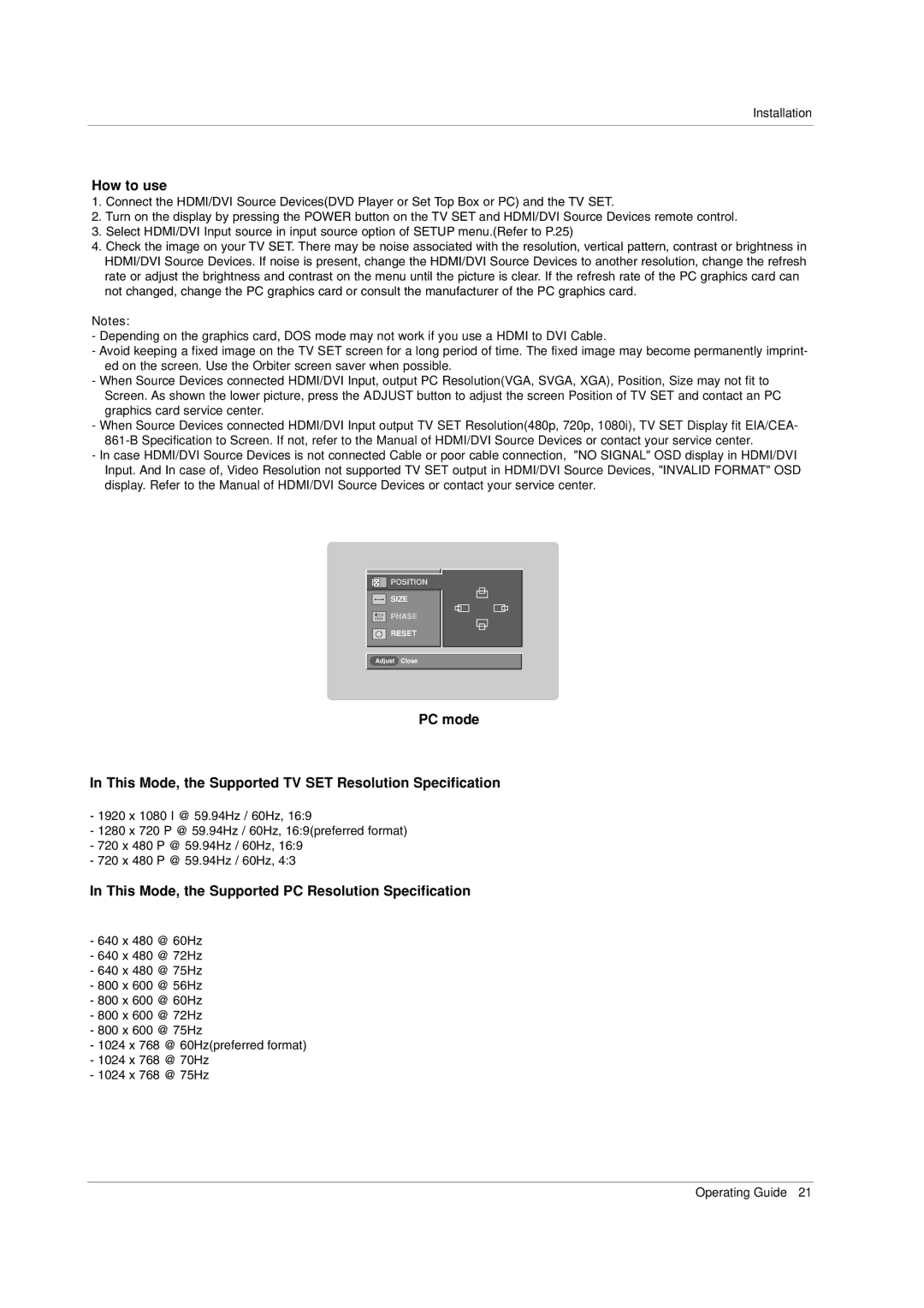 LG Electronics 50PX2DC-UD owner manual This Mode, the Supported PC Resolution Specification 