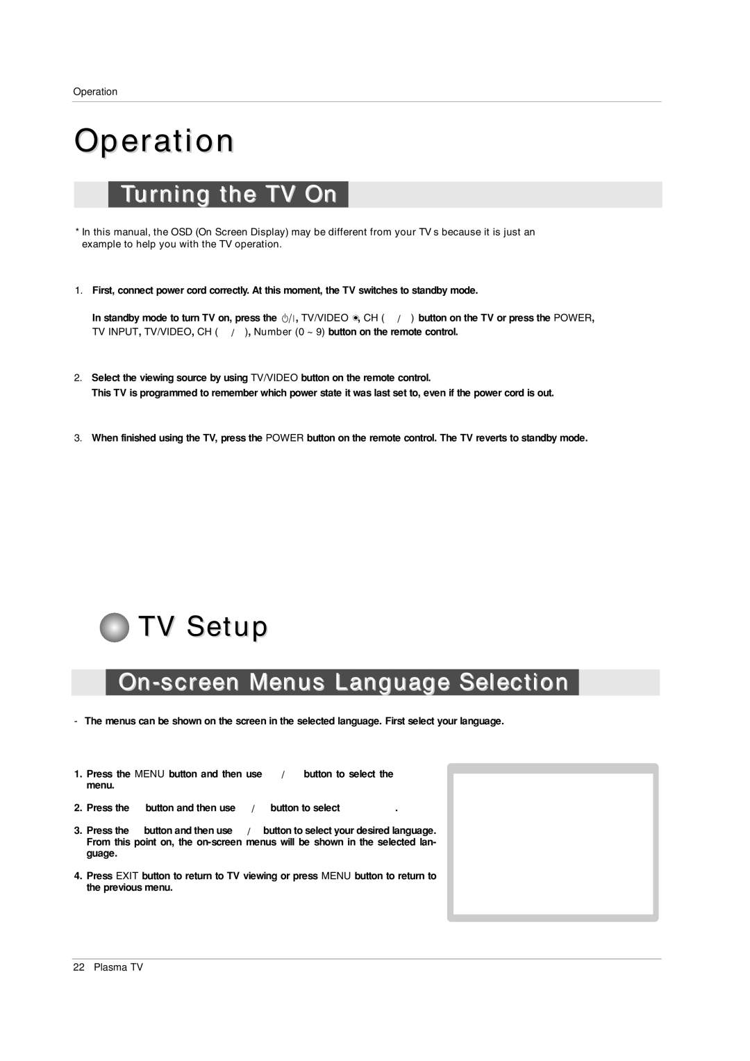 LG Electronics 50PX2DC-UD owner manual Turning the TV On, On-screen Menus Language Selection 